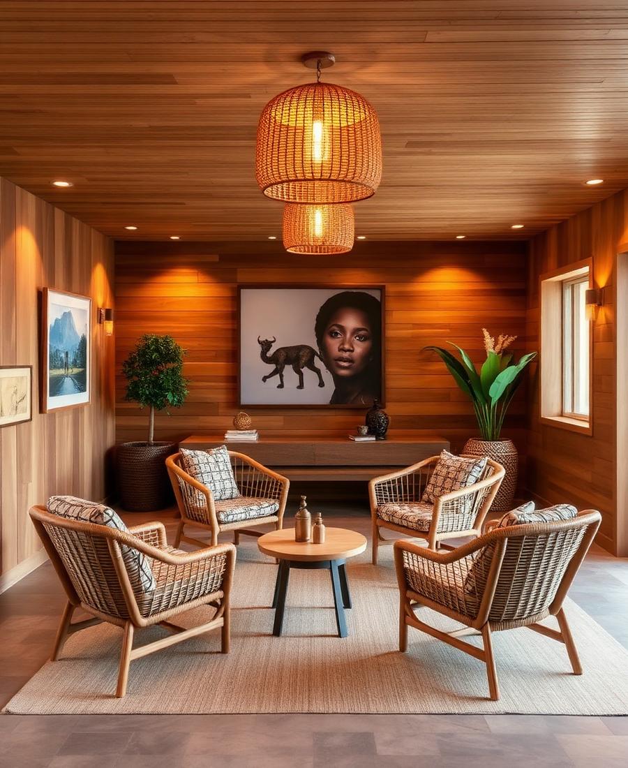 Espace lounge avec fauteuils en rotin